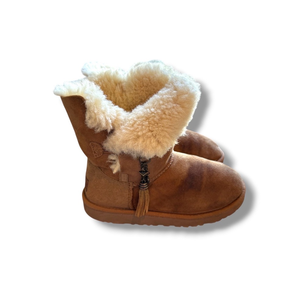 UGG Boots Kids Size 3 Chestnut Brown Suede Shearling Tassel Charm 1015